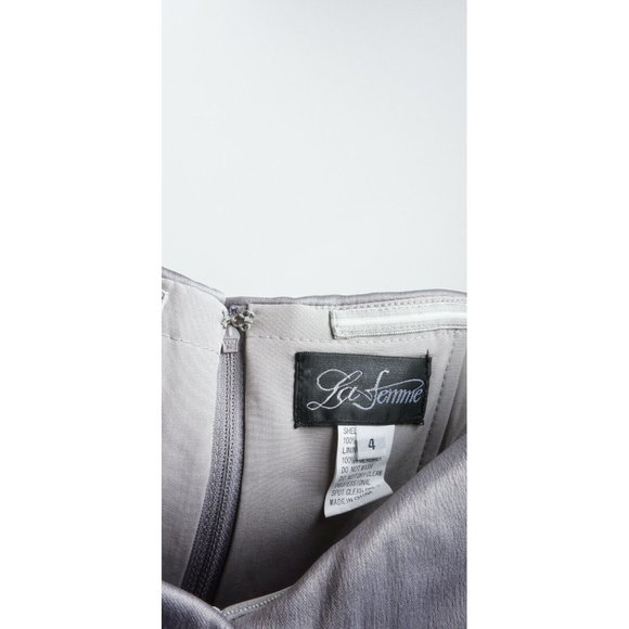 New 428$ La Femme Women's 4 Platinum Off the Shoulder Ruched Satin Trumpet Gown - Picture 7 of 8